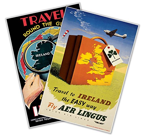 Set Of Two (2) Irish Air Lines Travel Prints Circa 1950 & 1930 - Round The Globe & Fly Aer Lingus - Each Measure 36" High X 24" Wide (915Mm High X 610Mm Wide) #TOP18