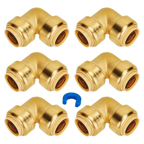 Image of 3 /4 Inch 90 Degree Elbow, Push Pex Elbow 3 /4 Inch, Brass, 6-Pack | Push-to-Connect Plumbing Fittings, for PEX Pipe, Copper, CPVC, PE-RT, with 1 Disconnect Clip
