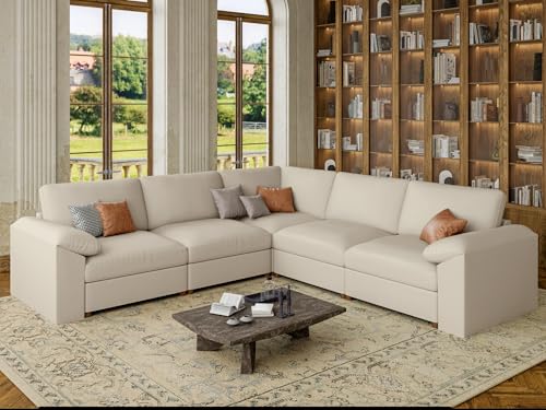 Image of EASE MOOSE Oversized Modular Sectional Couch, Faux Leather Sectional Sofa with Deep Seat, Scratch Resistant Leather Couch Material, Extra Large L Shaped Couch, Beige
