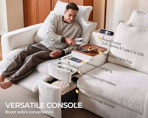 Image of 169.7'' Oversized Modular Sofa Set Cloud Couch with Versatile Console, Side Table with Charging Storage Cup Holder, Hardware Connected, U-Shaped 8-Seater Sectional Couch, Chenille, White