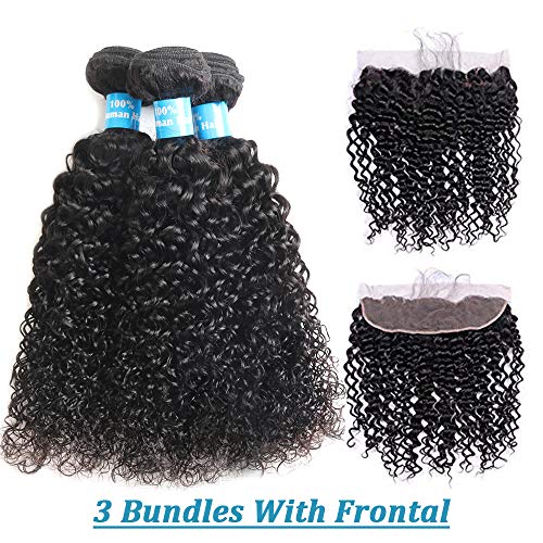 Beckoning Hair Brazilian Curly Hair 3 Bundles with 13×4 Frontal 7A Unprocessed Virgin Human Hair Weave Bundles Natural Color(22 24 26+20"Frontal)