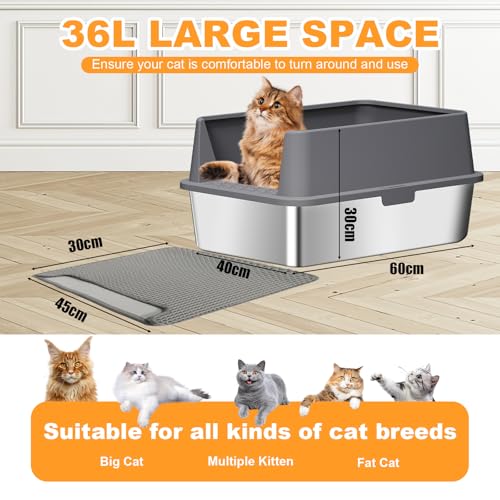 Image of Stainless Steel Cat Litter Box with Lid XL Metal Extra Large Litter Box with High Sides, Big Cat Litter Pan Include Scoop & Mat Easy to Clean, Non Stick, No Smell, Anti-Urine Leakage (Dark Gray)