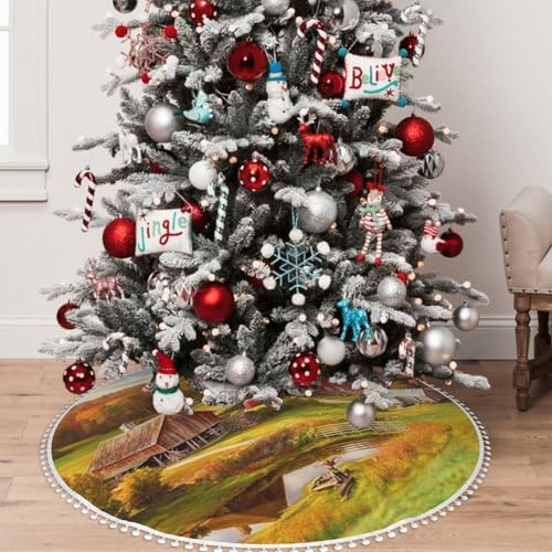Jupe de sapin de Noël rustique Country Farm 122 cm avec pompons - 6