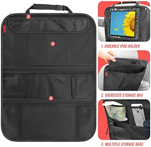 INFIVITA Car Seat Back Organiser - Kick Mats Seat Back Protector with IPad Holder and Multiple Storage Pockets, Road Trip Car Accessories for Kids, 2Pack