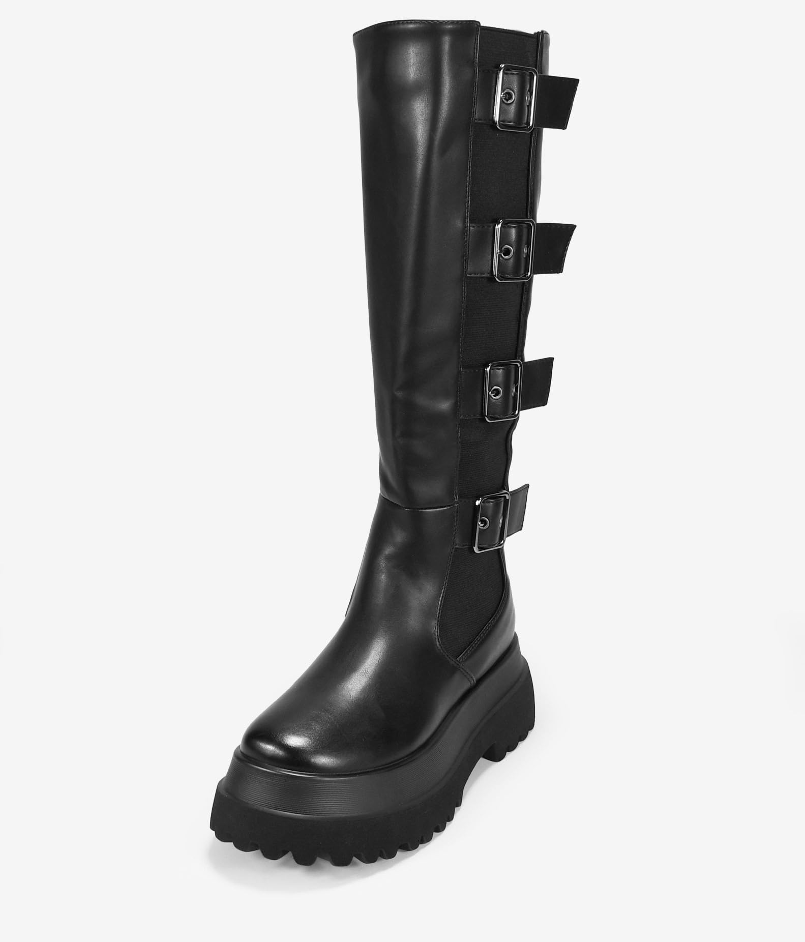 BOSANOVA Botas Altas Negras para Mujer con elástico Lateral, Tiras con Hebillas Ajustables y Suela de Plataforma Doble de 6.5 cm. Cierre con Cremallera Interior. Calzado para Mujer