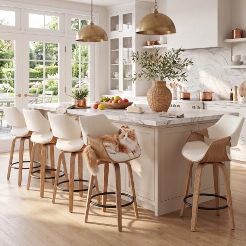 Image of HNY 26 inch Swivel Bar Stools Set of 5, Beige Linen Counter Height Barstools | 360 Swivel Bar Height Stools, Barrel Backrest, Solid Wood Frame, Round Footrest, Counter Stools for Kitchen Island, Home Bar