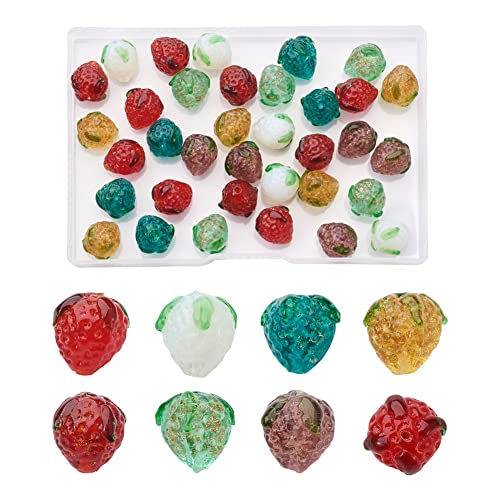Craftdady 35Pcs Handamde Bumpy Strawberry Lampwork Beads with Gold Sand Small Translucent 3D Cute Fruit Glazed Beads for Necklace Bracelet Jewelry Making 7 Styles