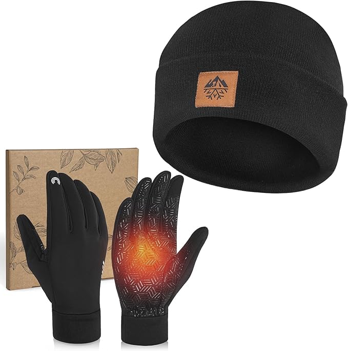 RIGWARL Beanie Hat Gloves for Men and Women, Knit Fleece Lined Beanie Warm Touchscreen Gloves Set, M Black