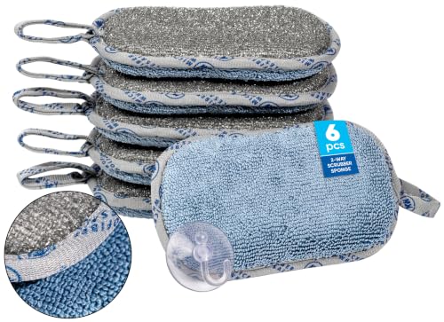 Image of Microfiber Wholesale Dish Sponges, 6 Pack - Reusable, Washable Microfiber Kitchen Sponges with Scrubber Side - Non-Scratch Scrub Sponge for Nonstick Pans, Dishes & Counters - Suction Hook Included