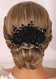 Kercisbeauty Sofe Chiffon Black Rose Flower Headband with Rhinestones Crystal Beads Women Girls Handmade Black Hair Jewelry Wedding Hair Piece