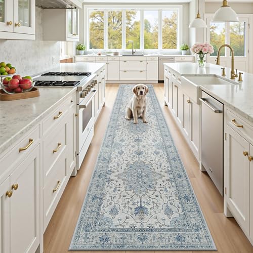 RELEANY Washable Area Rug, Runner 2'6"x10', Blue/White/Gray