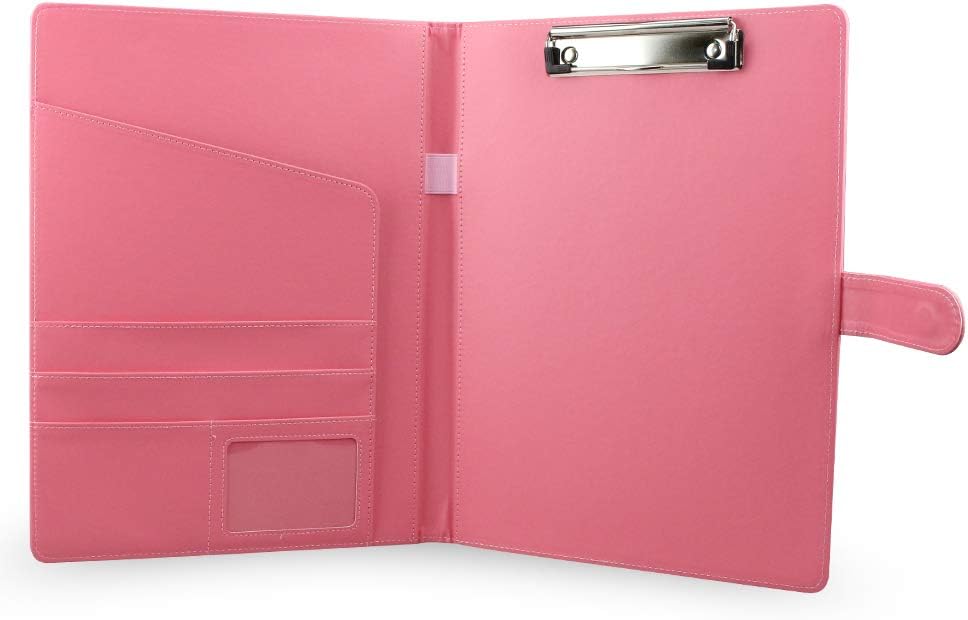 PU Leather Clipboard Folder Portfolio,Resume Storage Clipboard Folder Portfolio with Magnetic Strap Closure,Business Card Holder,Pen Holder, for Office Conference Notepad Clip Board,Pink