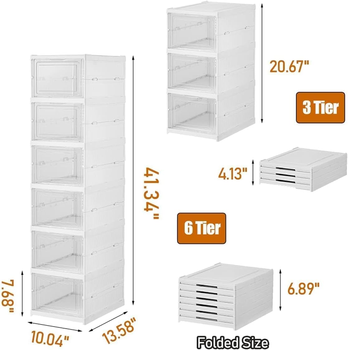 Drop Front Shoe Storage Box, No Assembly Stackable Shoe Organizer Storage Bin with Clear Door, Free Standing Shoe Shelf Cabinet with Lid, Plastic Shoe Rack for Closet Entryway, 6-Tier