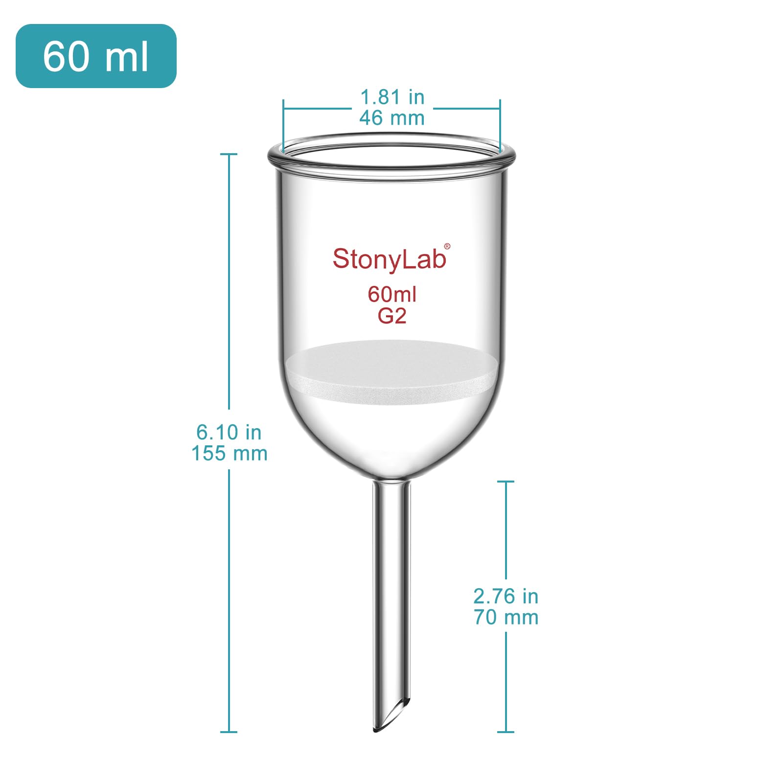 StonyLab Imbuto Filtrante Buchner in Vetro Borosilicato con Fritta Media (G2), Diametro Interno 46mm, Profondità 60mm (60 mL)