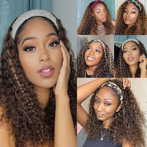Image of Punmasa Headband Wig Human Hair Deep Wave 4 /27 Human Hair Headband wigs for women Glueless None Lace Front Wig Machine Made 150% Density headband wig human hair with Headbands (14Inch)