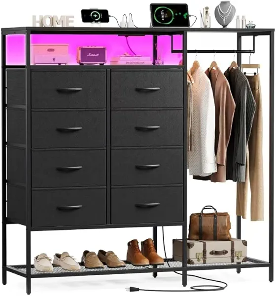 Black Dresser for Bedroom with 8 Drawers and Hanging Rack, 47 Inch Closet Dressers with LED Lights, Shelves & Charging Station, Clothes Storage Organizer