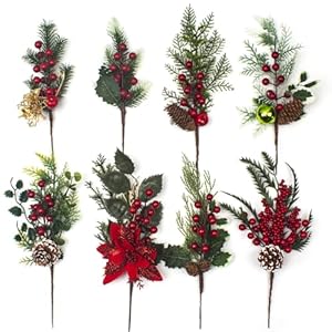 8pack artificial christmas picks assorted red berry picks stems faux pine picks spray with pinecones apples holly leaves for stunning holiday decor wreath creations  urban country home decor
