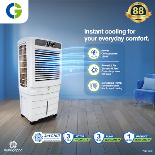 Image of CG Norris 90L Desert Air Cooler for Home | Inverter Compatible | Ice Chamber | Castor Wheels | Water Level Indicator | Up to 45 Ft Air Throw | 3 Yr Motor and Pump Warranty | 1 Yr Product Warranty