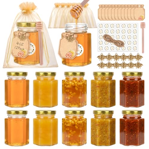 120 ml Hexagon Glass Jars 12-Pack with Airtight Lids Leakproof for Jam