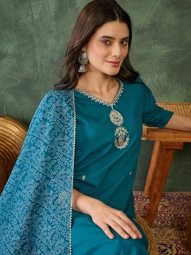 Image of Naixa Women's Rayon Cotton Lining Embroidered Straight Kurta with Pant and Dupatta Sets (NX-470)
