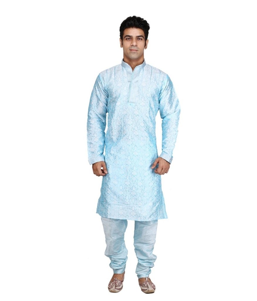 Men's Blue Jacquard Pintex Sherwani-image-13