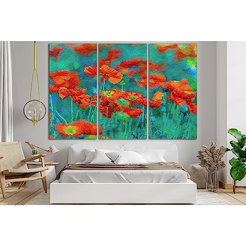 Coquelicots peinture à l'huile ZELLART grand tableau de salon triptyque nature