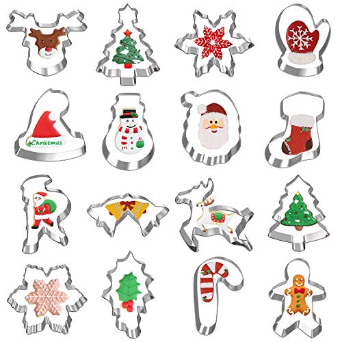 Hibery 16 Pcs Christmas Cookie Cutters Set Holiday Winter Christmas Metal Cookie Cutters with Snowflake Snowman Christmas Tree Candy Cane Cookie Cutters and More