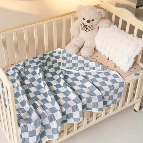Image of Ultra Soft Cozy 100% Cotton 6-Layer Muslin Baby Blanket 41 inchx41 inch Breathable Lightweight Checkered Swaddle Blankets for Baby Boys Essentials Birthday Gifts All Seasons Both Sides (Blue)