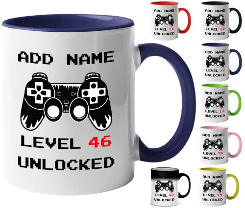 Mr Jeans 46th Birthday Gamer Gift - Personalised Mug/Cup - Add Name - Level 46 Unlocked Gamer Mug, Birthday Gifts for Boys or Girls, Novelty Mug, Video Game Design, Gaming Gifts for Him or Her