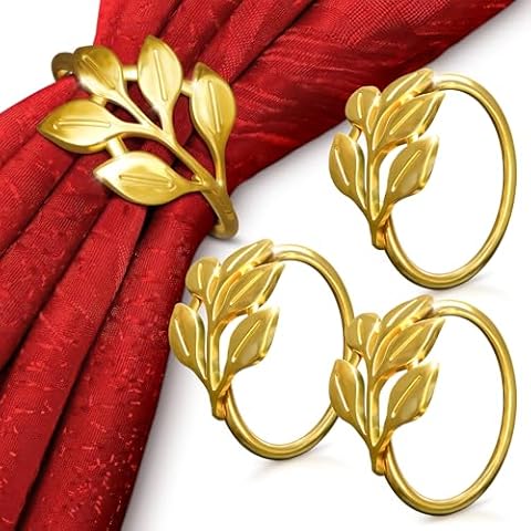 Valentine Gold Napkin Rings Set of 12 - Gold Leaf Napkin Rings Set | Elegant Design Napkin Ring Holders for Valentine Table Decorations, Festive Dinners & Special Occasions, Kitchen Gifts for Hosts Cover