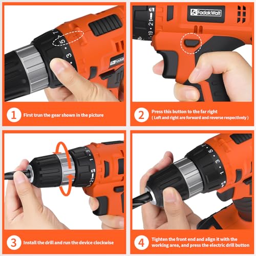 Image of FADAKWALT 20V Electric Power Drill Set, Torque 30N, 21+1 Torque Setting, 3 /8-Inch Keyless Chuck, LED Electric Drill Kit, Orange