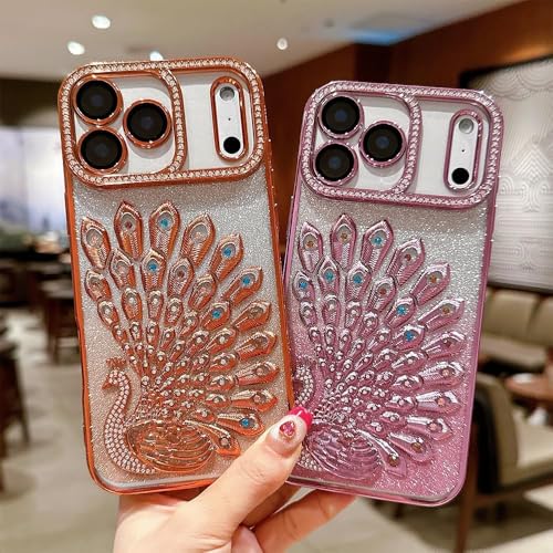 Image of mobistyle Designed for iPhone 17 Pro Max,3D Diamond Luxury Electroplate Glitter Peacock Tail Bling Design Camera Protection Shockproof Phone Case for (Pink, iPhone 17 Pro Max)