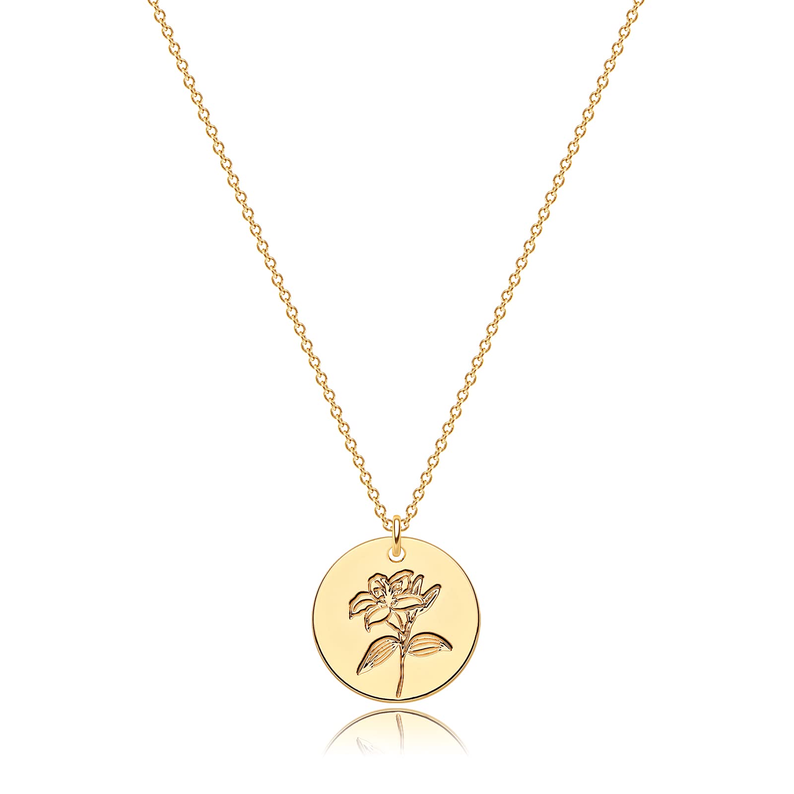 WEARON Birth Month Flower Necklace 14k Gold Plated Dainty Simple Birth Month Engraved Custom Floral Pendant Necklace Charm Disc Coin Necklaces for Women Personalized Birthday Gifts