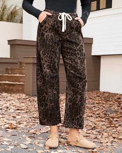 GRAPENT Barrel Jeans for Women Trendy High Waisted Pull On Wide Leg Cropped Leopard Cheetah Print Stretchy Denim Pants — view 2