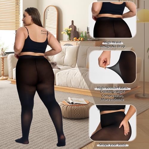 Plus Size Tights for Women,2 pairs 80D Semi Opaque Tights women,Solid Color Soft High Waist Stockings Size Up to 6XL.3