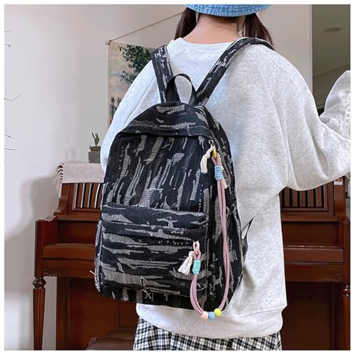 Denim Backpack Simple Vintage Grunge Jean Backpack Y2K Aesthetic Going Out Denim Daypack for Travel Work Trendy(Black,Medium)2
