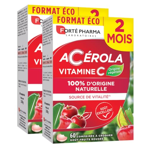 Forté Pharma - Acerola - Vitamine C Naturelle à Croquer - Complément Alimentaire Vitalité - Anti fatigue, Système immunitaire renforcé - 2x2 mois - 120 comprimés, 1/jour - goût fruits rouges
