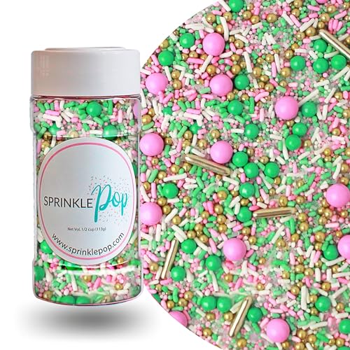Sprinkle Pop Signature Pink Sprinkle Mix| Light Pink and Mint Sprinkles with Gold Metallic Dragees & White Pops| Girl Baby Shower Gender Reveal Sprinkles Made in USA for Cupcakes Cakes Cookies, 4oz