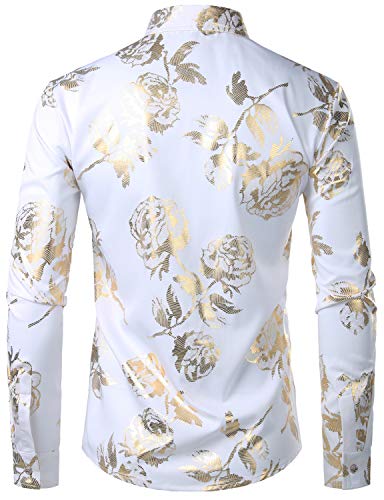Zeroyaa Men's 3D Golden Rose Printed Slim Fit Long Sleeve Button Down Floral Dress Shirts Zzcl30 Black Gold X Large #TOP1