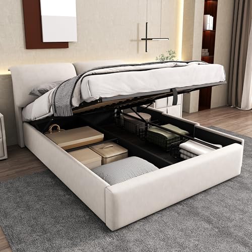 Rtopsu Polsterbett Doppelbett 140x200 cm mit 3 Stauraum Schubladen, Bett mit Stauraum und Kopfteil, Stauraumbett mit Hydraulische Metallrahmen und Lattenrost aus Holz, Samt, Beige, Ohne Matratze