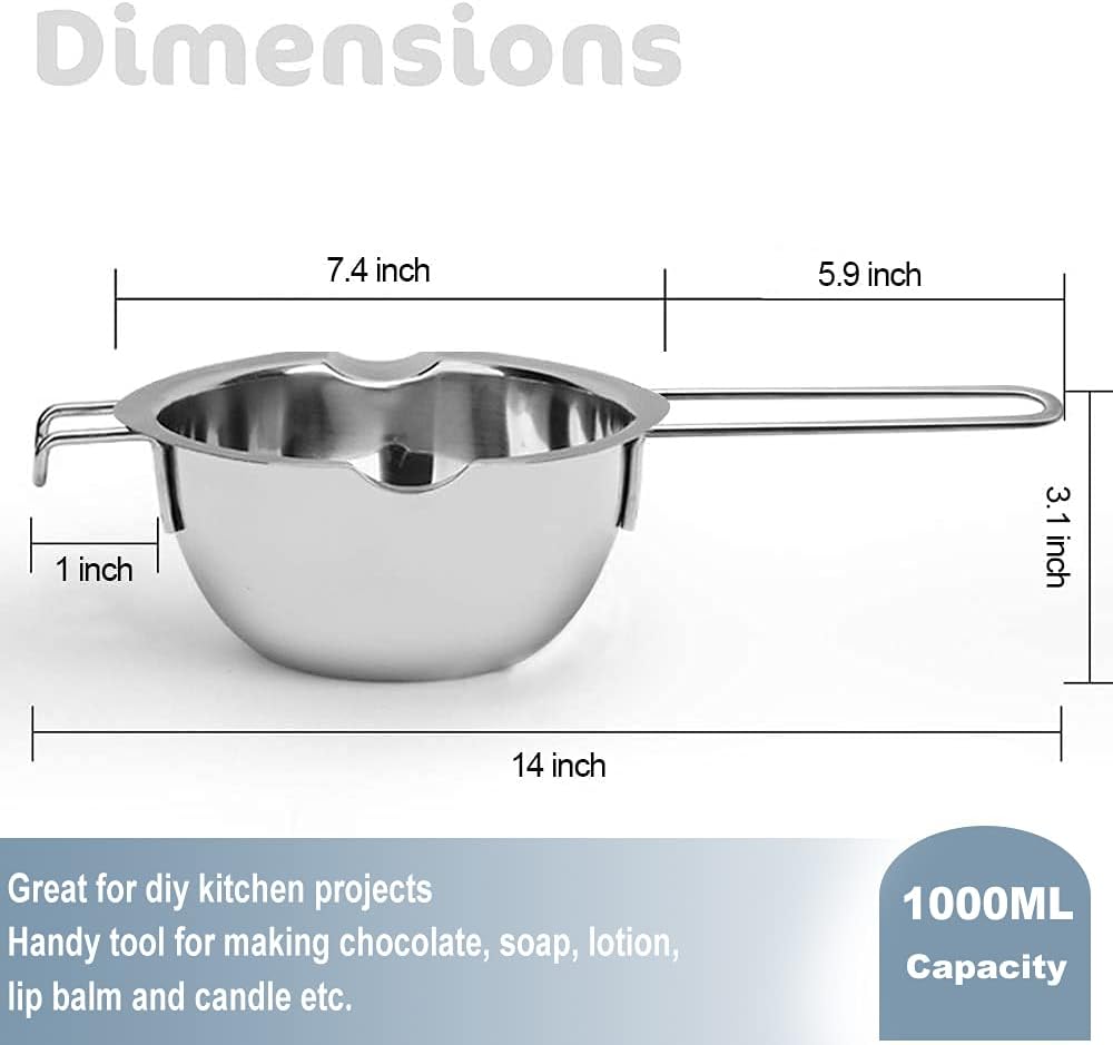 1000ML Double Boiler Pot with 2200ML Stainless Steel Pot and Silicone Spatula, Double Boiler Set for Melting Chocolate,Candy, Soap, Wax, Candle Making