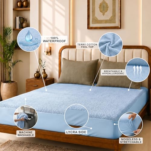 Image of Glassiano Cotton Feel Terry Ultra Soft Waterproof Mattress Protector | Breathable - Hypoallergenic Mattresses Cover with Elastic Strap for Queen Bed (84x66 inch|7x5.5 feet, Blue - Pack of 1)