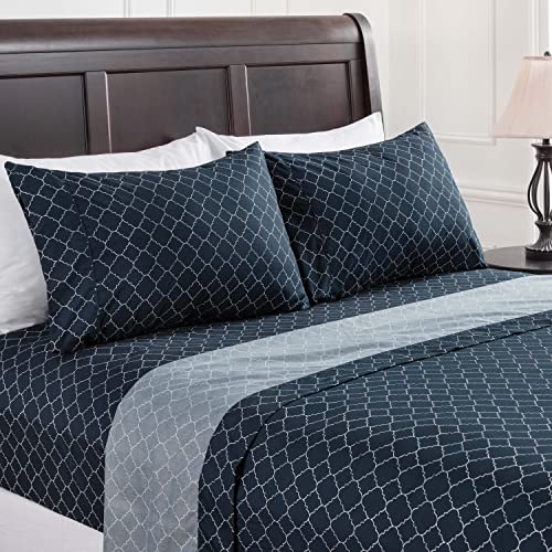 Chanasya Quatrefoil Print Geometric Patterned King Size Bed Sheet Set 4-Piece - 1 Flat Sheet 1 Fitted Sheet 2 Pillowcases - Ultra Soft Wrinkle Stain Resistant Luxurious Microfiber Sheets - Navy Blue #TOP6