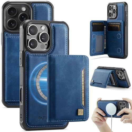 Coque iPhone 15 Pro Max cuir bleu avec rabat magnétique et étui portefeuille complet de 6,7 pouces