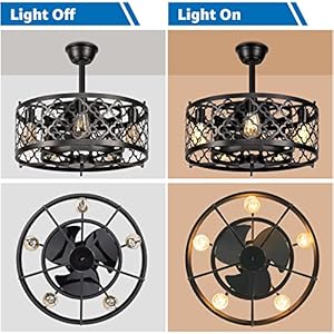 Sunvie caged ceiling fan with lights remote control 21in industrial bladeless ceiling fan black enclosed ceiling fan light with reversible motor for bedroom kitchen living room 5e26 baseno bulb  urban country home decor