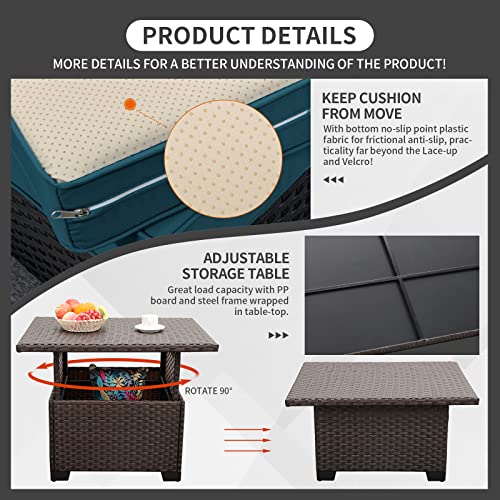 Patio Sectional Sofa Set 7 Pieces Outdoor Wicker Furniture Couch Adjustable Storage Table With Thicken(5") Peacock Blue Non-Slip Cushions Furniture Cover Brown Pe Rattan #TOP2