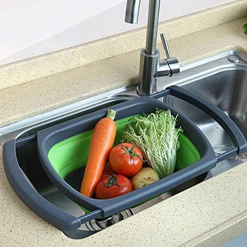Kitchen Collapsible Colander,Colander Collapsible Silicone,Colander Strainer Over The Sink Vegetable, Fruit Colanders Strainers With Extendable Handles, Folding Strainer for Kitchen (green and gray)