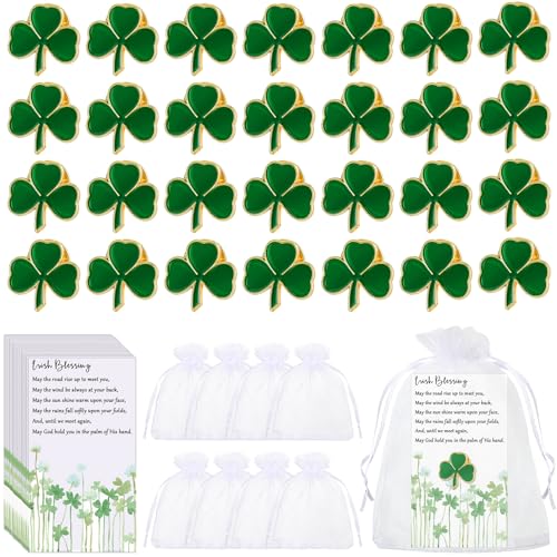 Inbagi 150 Pcs St. Patrick's Day Clover Lapel Pins Shamrock Brooches Irish St Patrick Day Gift Favors Good Luck Three Leaf Pins with Blessing Cards and Organza Gift Bags