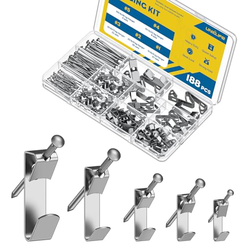 Uniclife Kit de Suspensión para Cuadros 188 Piezas, 4 kg, 9 kg, 13 kg, 22 kg, 45 kg Ganchos para Cuadros de Alta Resistencia para Drywall y Madera, Marcos para Colgar Fotos Espejos Pinturas, Plateado