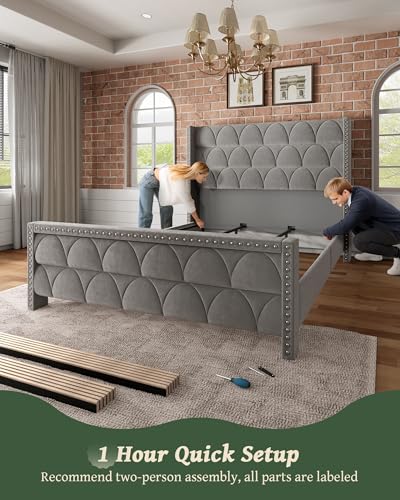 King Size Bed Frame with 56" Headboard - 1000LBS Capacity Support, Velvet Upholstered Wingback Platform Bed Frame, Noise Free, Sturdy Wooden Slat Support - Image 7